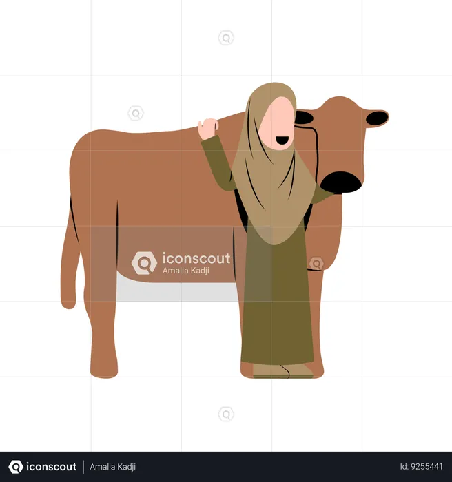 Hijab Woman With Cow  Illustration
