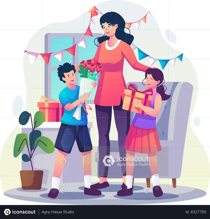 Hijo e hija dándole regalos y flores a su madre.  Ilustración