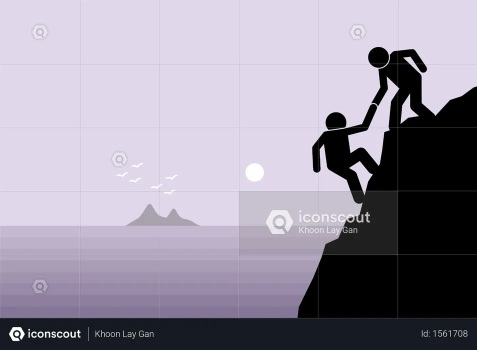 Hiker helping a friend climbing up on a rocky dangerous cliff at mountain by pulling him up with hand Illustration