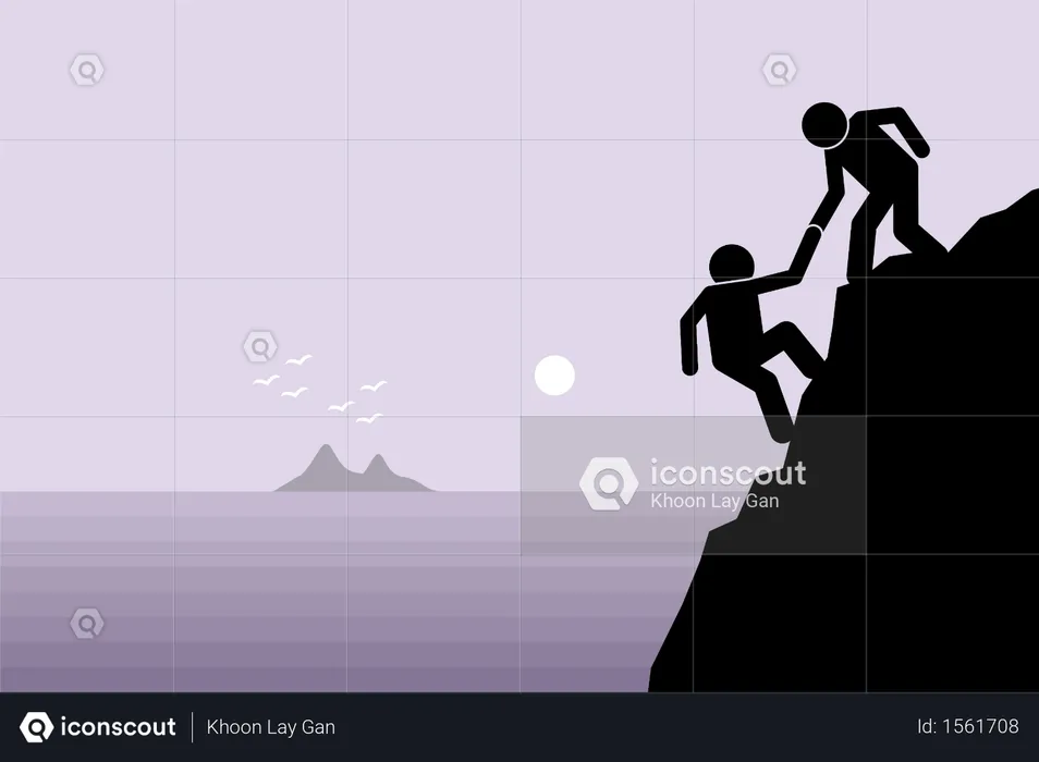 Hiker helping a friend climbing up on a rocky dangerous cliff at mountain by pulling him up with hand  Illustration