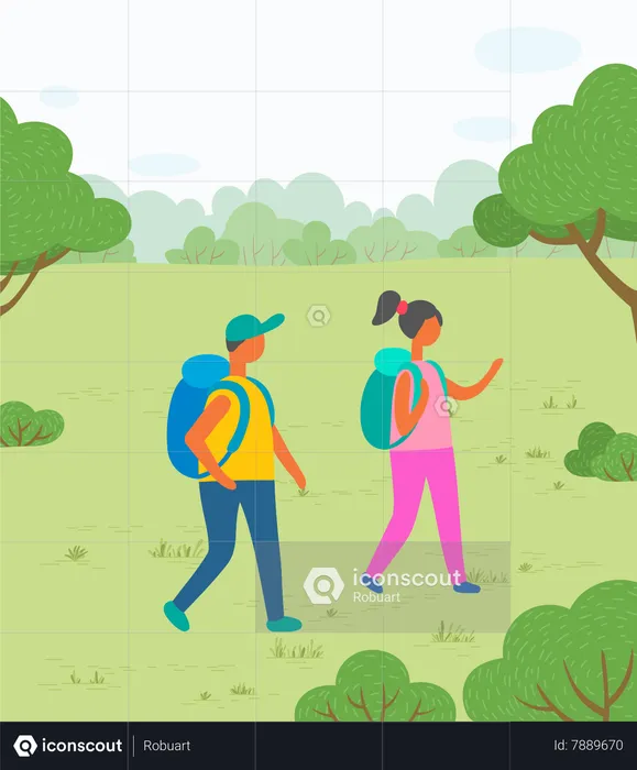 Hikers Couple with Backpacks on Nature among Trees  Illustration