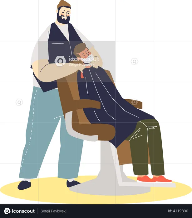 Hipster barber shaving clients beard in foam  Illustration
