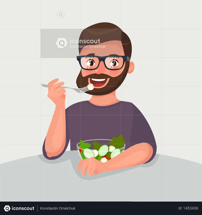 Hipster beard man is eating a salad  Illustration