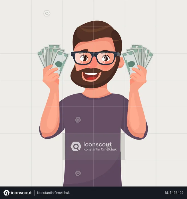 Hipster beard man with banknotes of money in his hands  Illustration