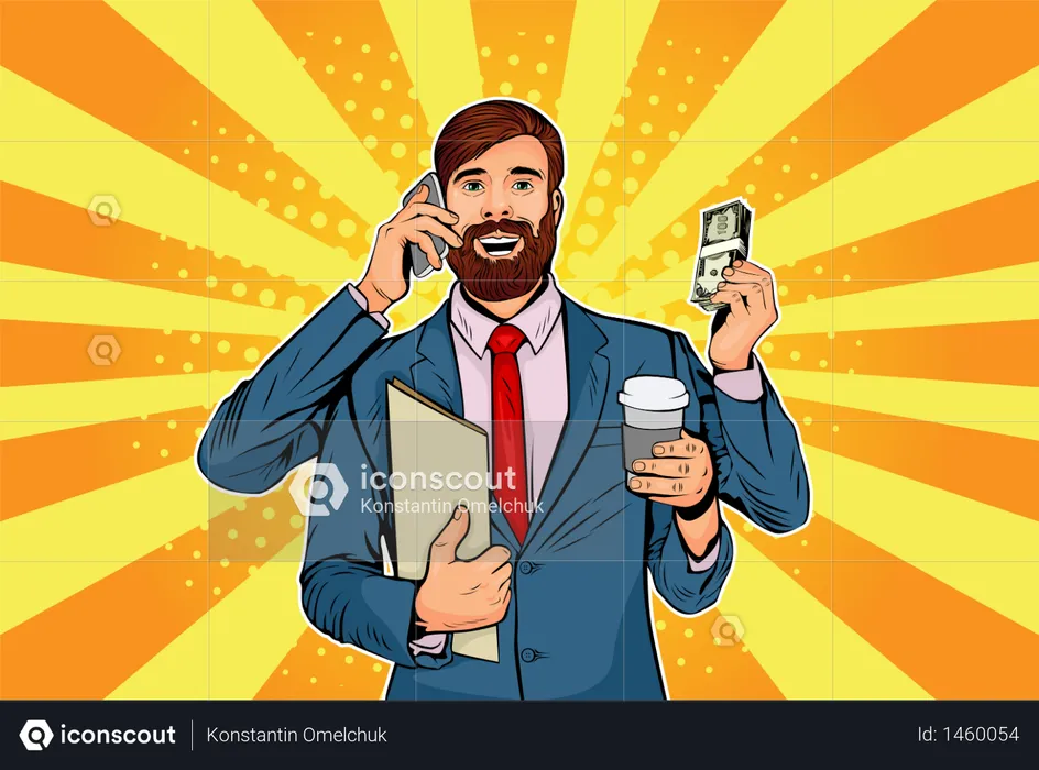 Hipster businessman with beard and many hands business concept of time management and multitasking. Retro style pop art vector illustration  Illustration