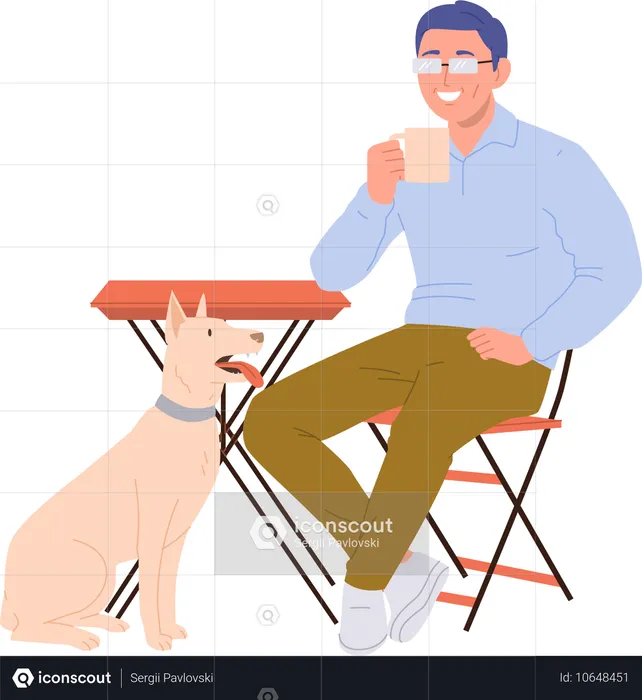 Homem freelancer hipster com cachorro visitando um café para comer e sair  Ilustração