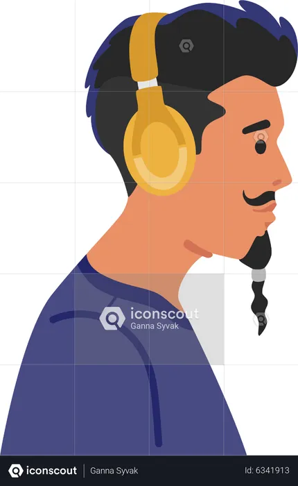 Hombre hipster usa auriculares  Ilustración