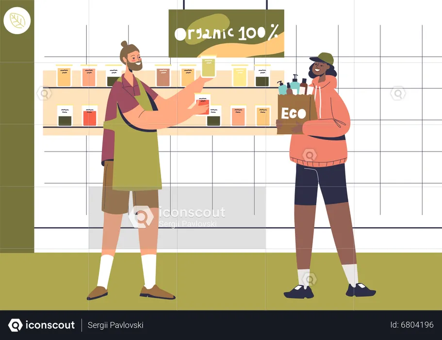 Best Hipster man buy organic food in eco friendly store Illustration  download in PNG & Vector format