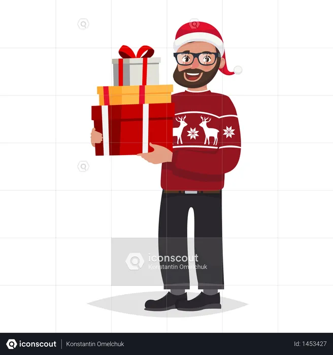 メガネをかけ、ひげを生やし、セーターを着て、クリスマス帽子をかぶったヒップスターの男性がプレゼントを持っている  イラスト