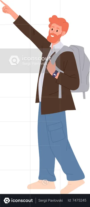 Hipster man traveler backpacker character pointing hand upwards  Illustration