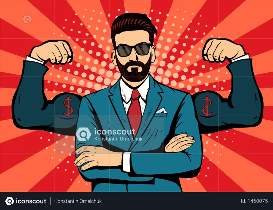 Hipster man with beard and muscles currency dollar pop art retro styl  Illustration