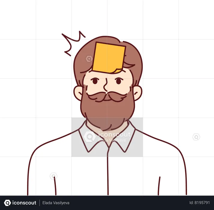 Hipster man with sticky notes on forehead tries to guess what is written on sticker  Illustration
