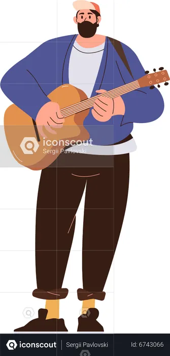 Hipster rock man holding and playing acoustic guitar  Illustration