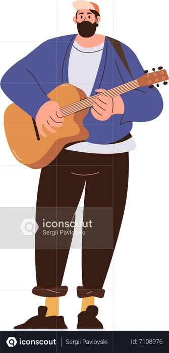 Homem de rock hipster segurando e tocando violão  Ilustração