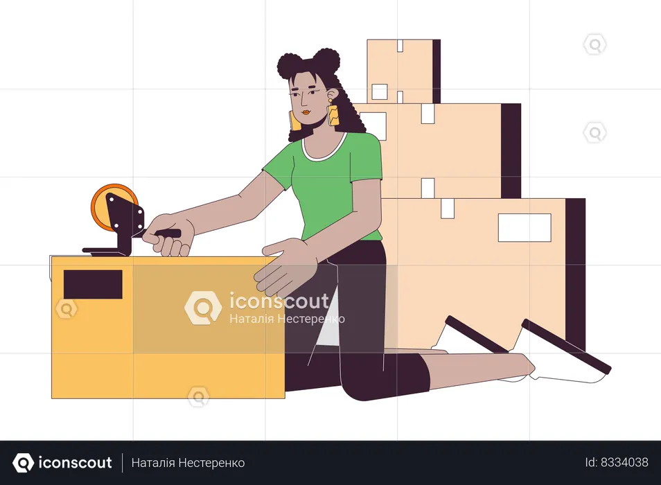 Hispanic girl packing moving boxes  Illustration