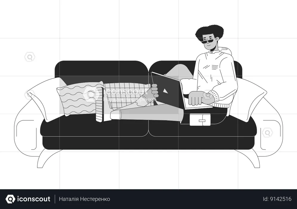 Hispanic man with laptop sitting on sofa  Illustration