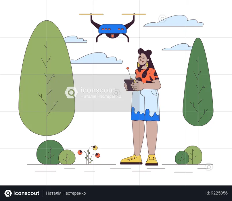 Hispanic woman flying drone in park  Illustration