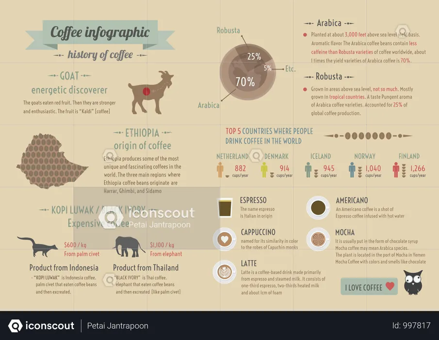 History Of Coffee, Infographic, Retro And Pastel Style  Illustration