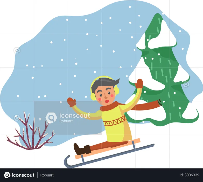 Enfant d'hiver glissant sur la colline  Illustration