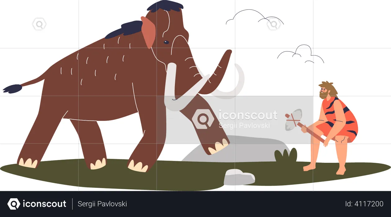 Höhlenmensch-Jäger kämpft mit Mammut  Illustration