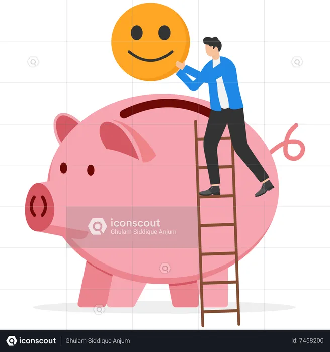 Holding golden shiny coin with happy smiling face put in pink piggy bank.  Illustration