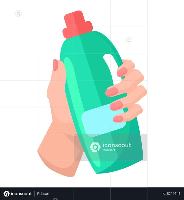 Holding plastic green bottle of antiseptic substance  Illustration