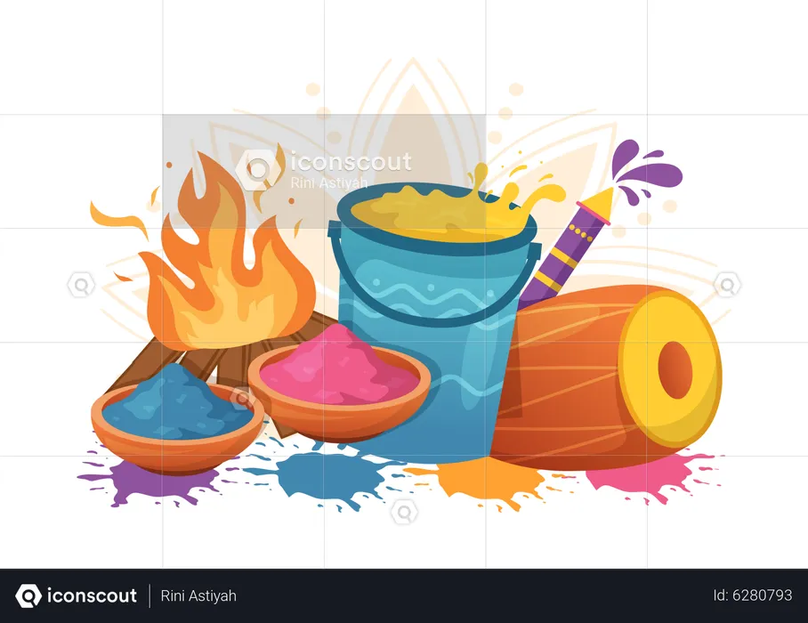 Holi colours and drum  Illustration