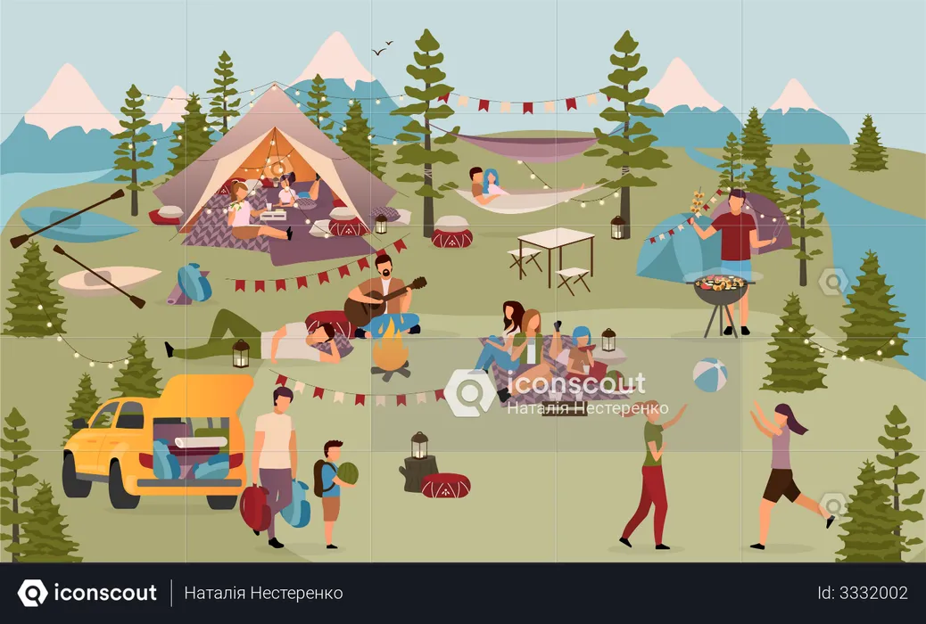 Holiday makers in summer camp  Illustration