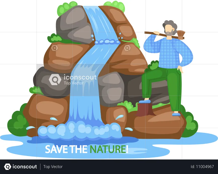 Holzfäller steht in der Nähe von Wasserfall  Illustration