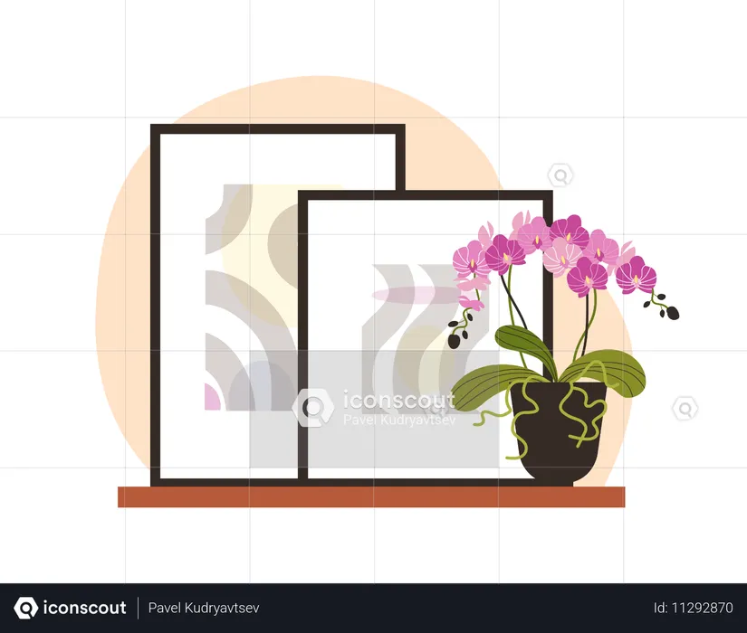 Holzregal mit Gemälden und rosa Orchidee im Topf  Illustration