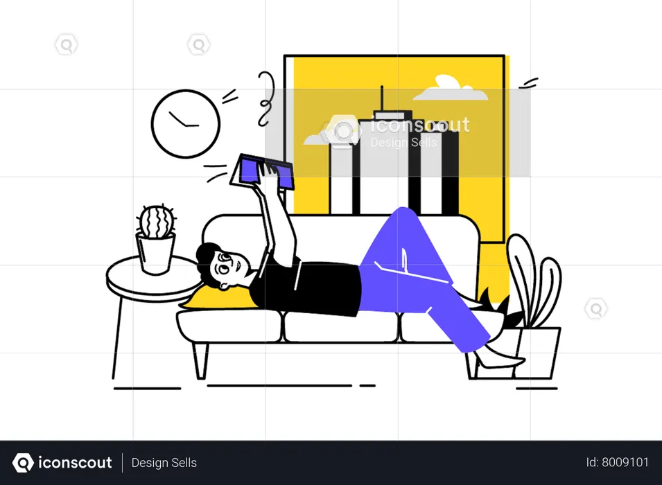 Hombre tumbado en el sofá y libro de lectura  Ilustración