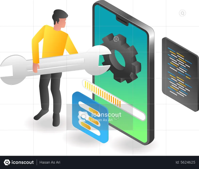 Hombre actualizando el firmware del teléfono inteligente  Ilustración