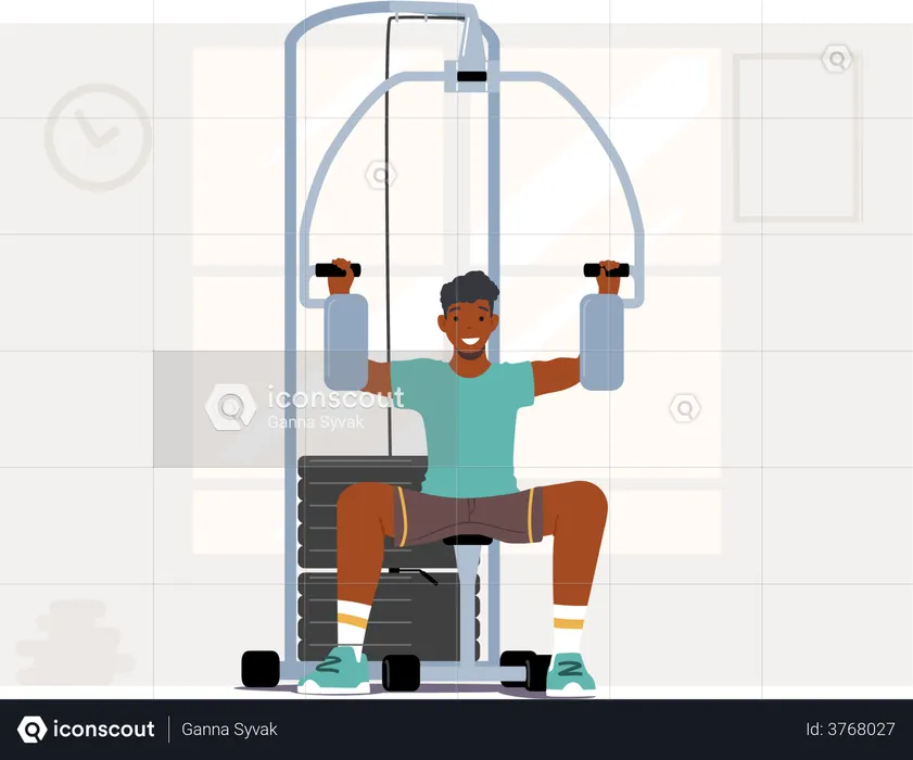 Hombre africano culturista bombeando músculos en el gimnasio  Ilustración