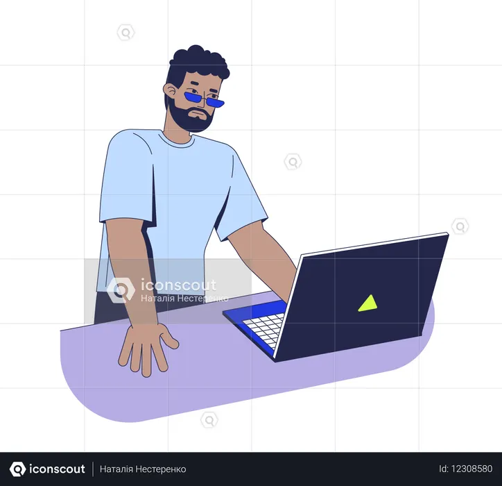 Hombre afroamericano de pie y trabajando en una computadora portátil  Ilustración