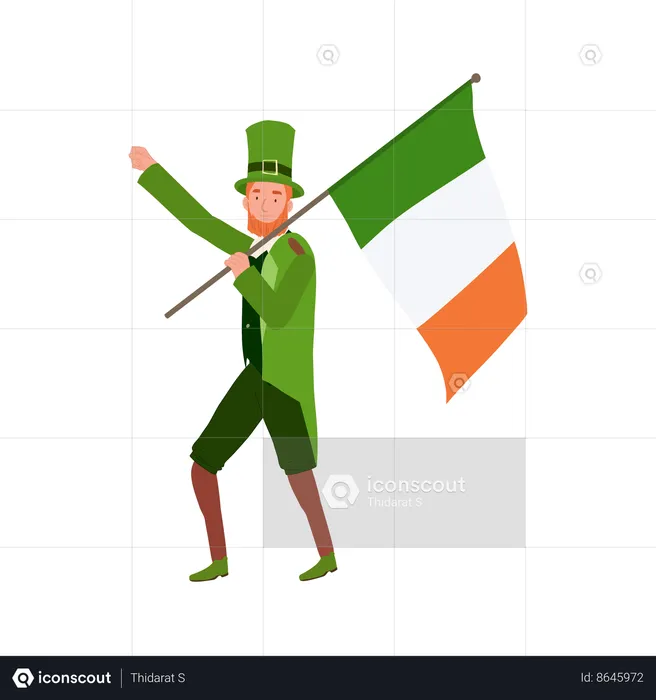 Hombre alegre disfrazado de duende sosteniendo la bandera irlandesa  Ilustración