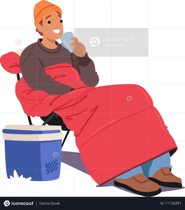 Hombre alegre sentado en un saco de dormir  Ilustración