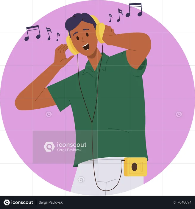 Hombre alegre usando audífonos escuchando música y bailando bajo su melodía favorita  Ilustración
