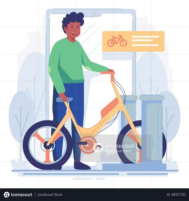 Hombre alquilando bicicleta usando una aplicación de alquiler  Ilustración