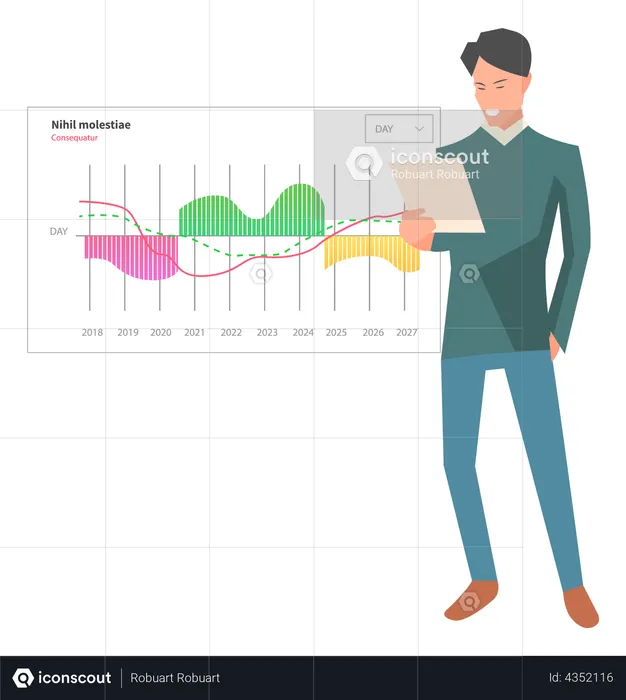 El hombre analiza el informe digital con datos.  Ilustración