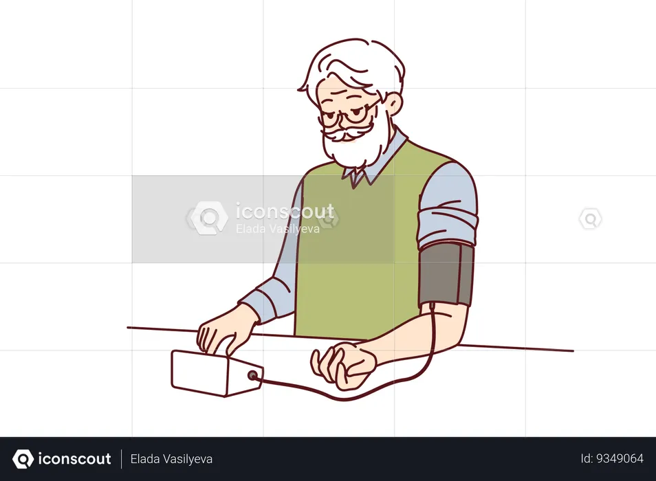 Un anciano mide la presión arterial con un tonómetro que rastrea indicadores de salud y cardio  Ilustración