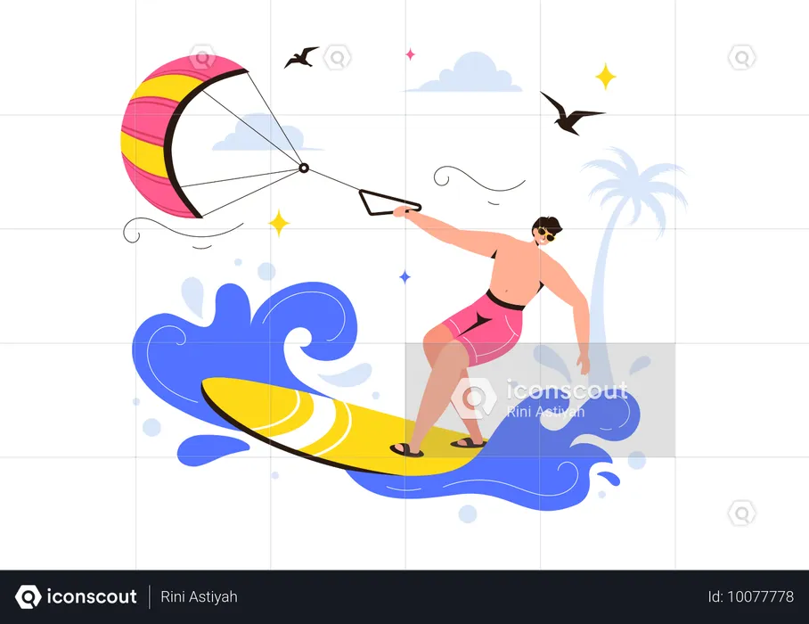 Hombre aprendiendo kitesurf  Ilustración