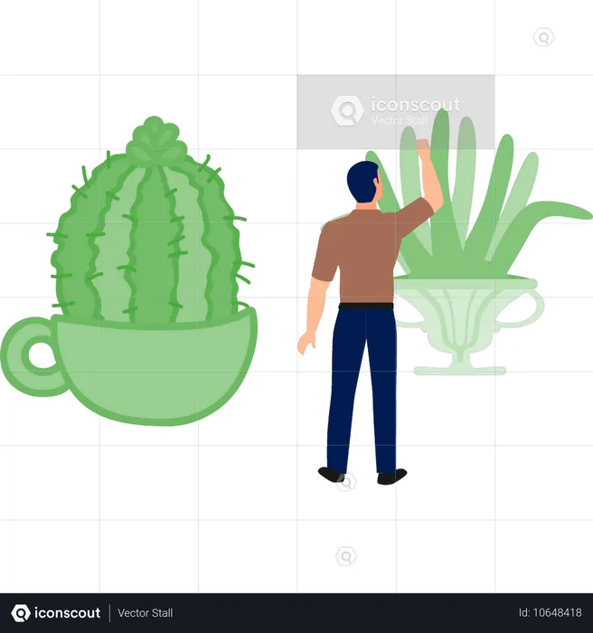 Hombre señalando una planta de taza  Ilustración