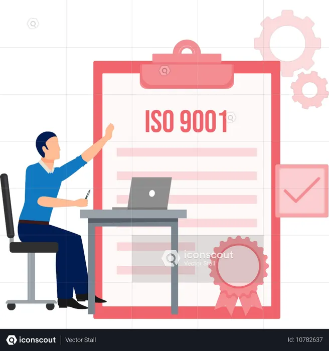 Hombre señalando el certificado ISO 9001  Ilustración