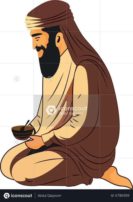 Hombre árabe sosteniendo un tazón con cuchara  Ilustración