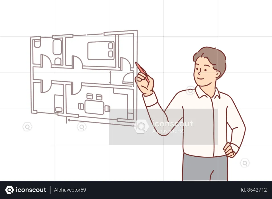 El hombre arquitecto dibuja el plano de la habitación del apartamento en la pantalla virtual  Illustration