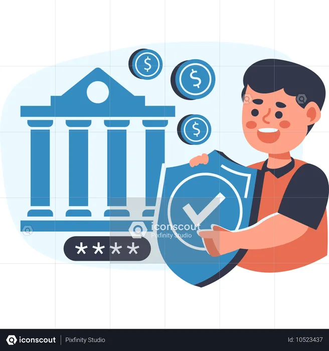 Hombre asegurando datos financieros con escudo y banco  Ilustración