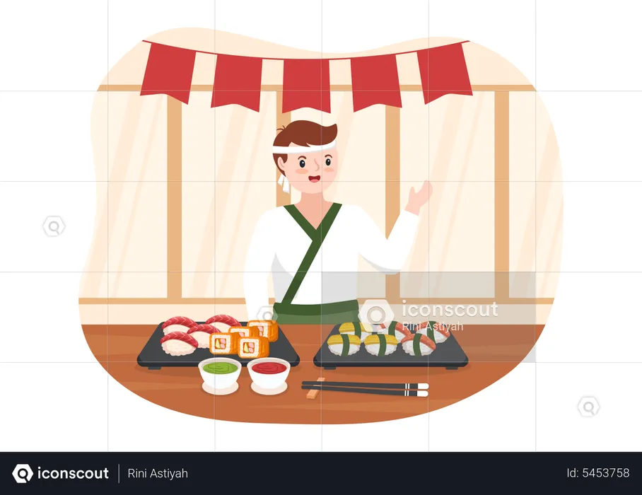 Hombre asiático comiendo sushi  Ilustración