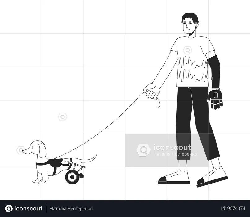 Hombre asiático discapacitado paseando a un perro en silla de ruedas  Ilustración