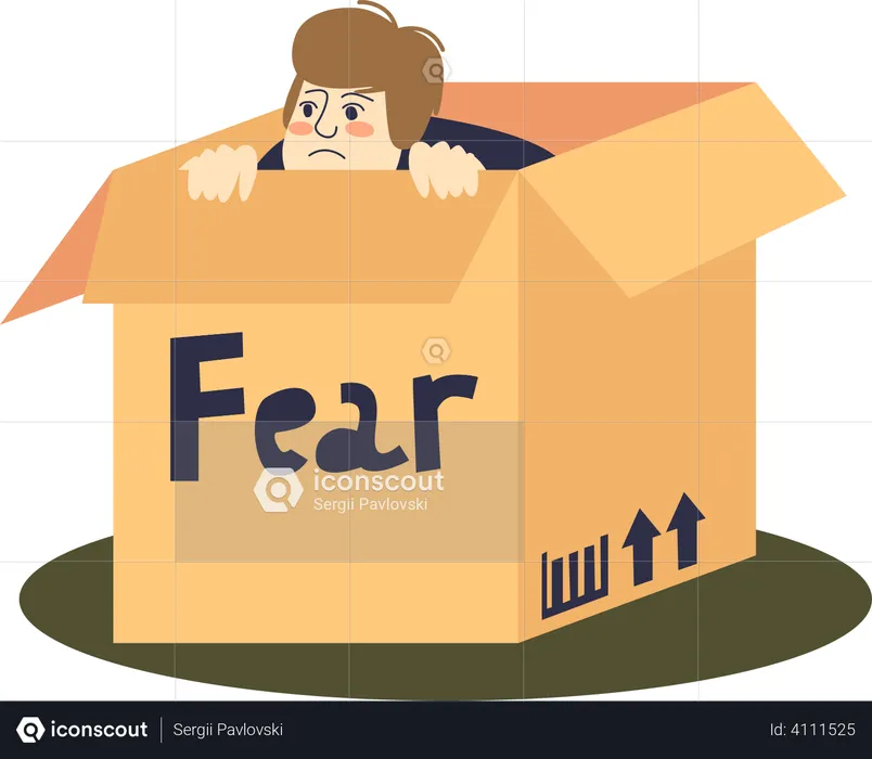 Hombre asustado escondido en una caja de cartón  Ilustración