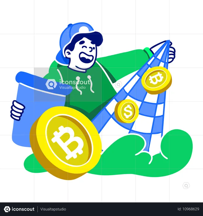 Hombre atrapando bitcoins  Ilustración